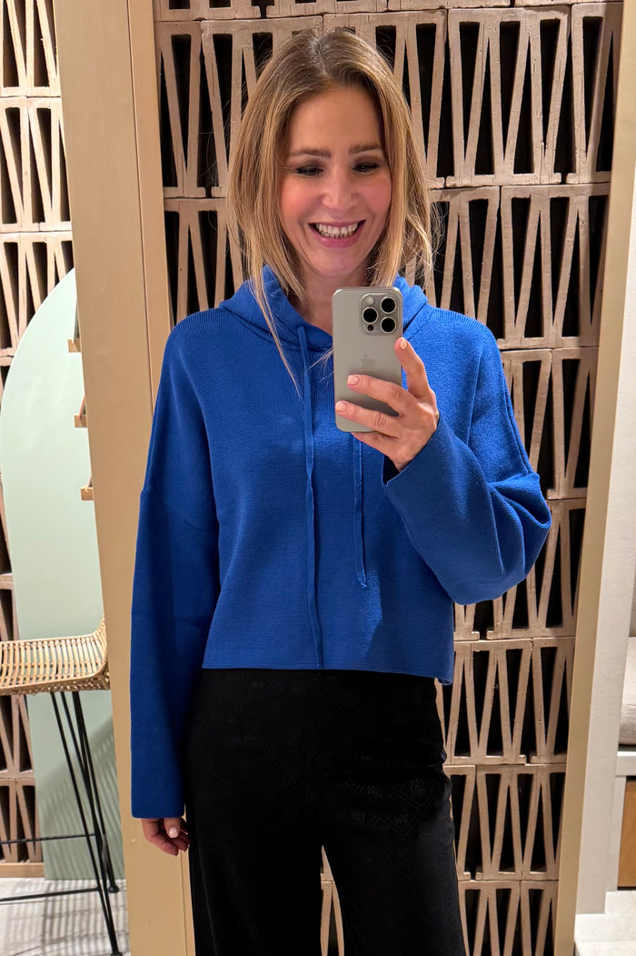 CROPPED OVERSIZED SUPERSOFT KNIT HOODIE COBALT BLUE