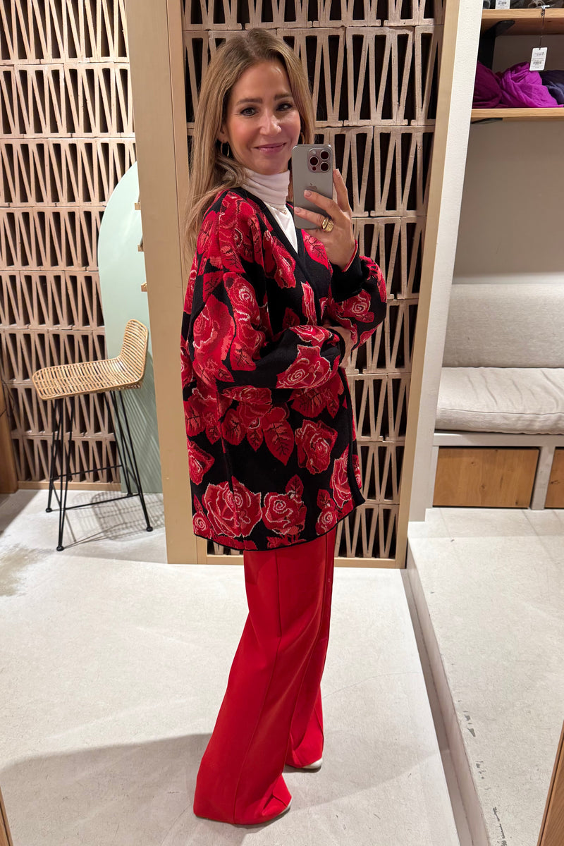 OVERSIZE KNIT CARDIGAN "ROSES" BLACK/RED