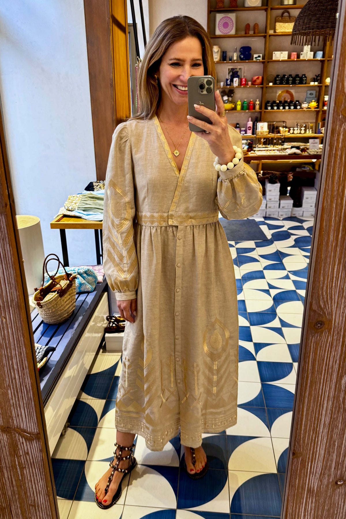 MIDI LINEN DRESS WITH V-NECK "FEATHER" BEIGE/GOLD
