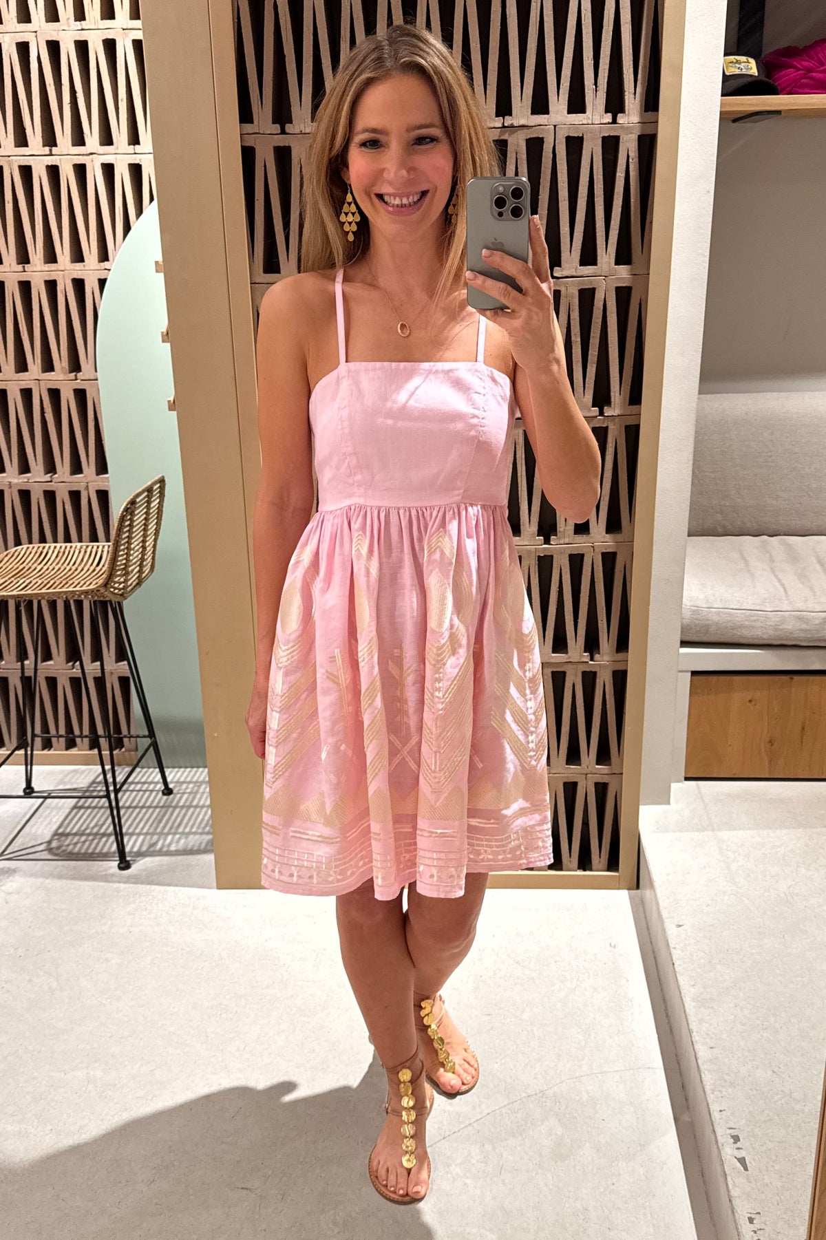 SHORT STRAPPY LINEN DRESS "FEATHER" PINK/CHAMPAGNE