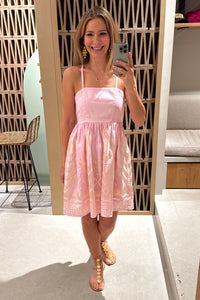 SHORT STRAPPY LINEN DRESS "FEATHER" PINK/CHAMPAGNE