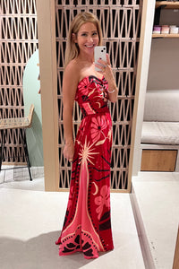 LONG STRAPLESS DRESS "PASSIONFLOWER" RED