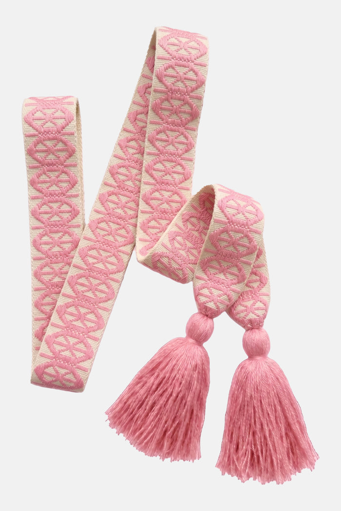WOVEN BELT WITH TASSELS "KYKLOS" OFF WHITE/LIGHT PINK