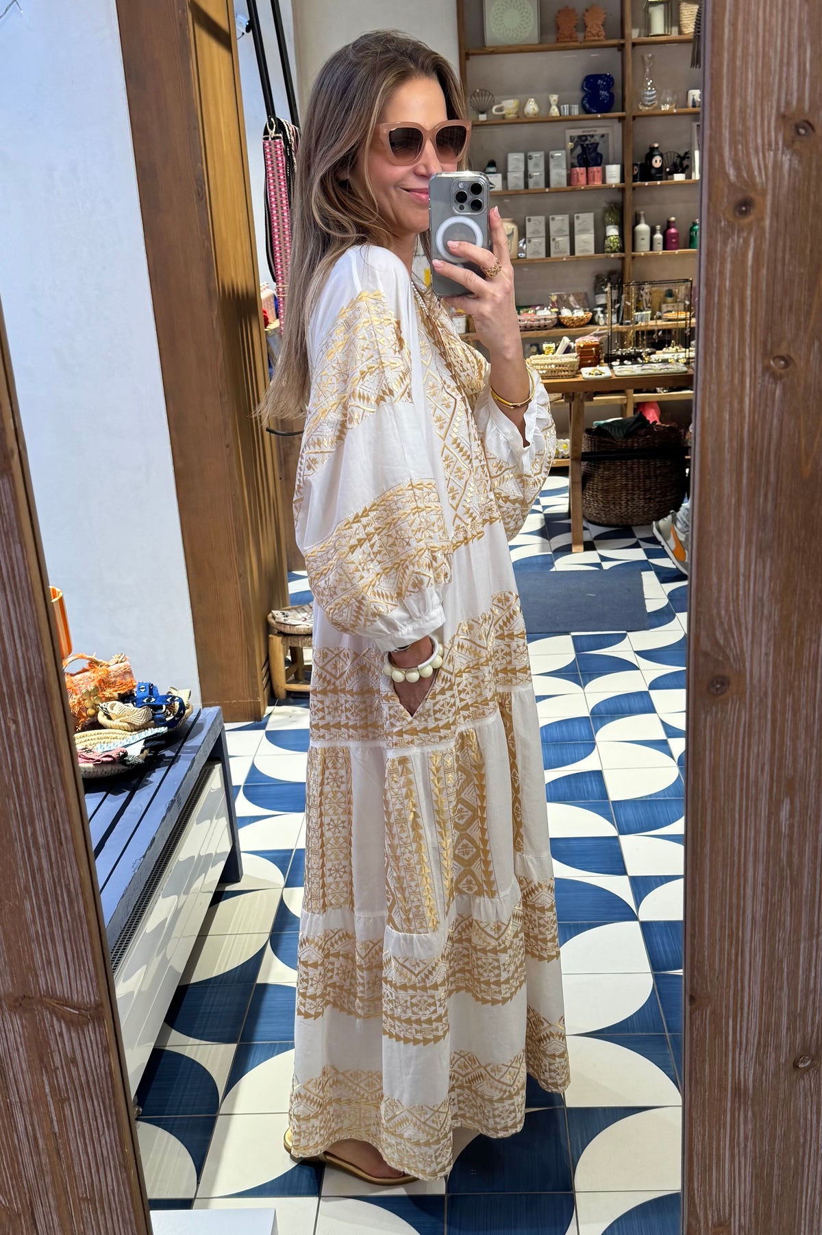 MIDI COTTON DRESS WITH BALLON SLEEVES "EMBROIDERED" WHITE/GOLD