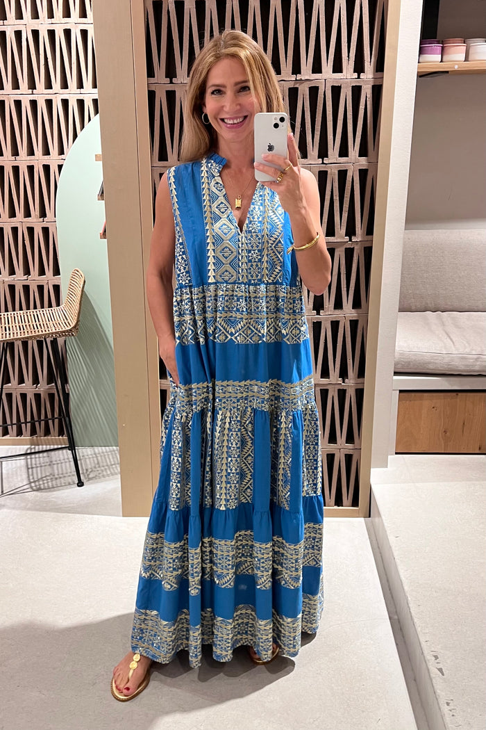 LONG SLEEVELESS DRESS "EMBROIDERED" BLUE RAF/GOLD