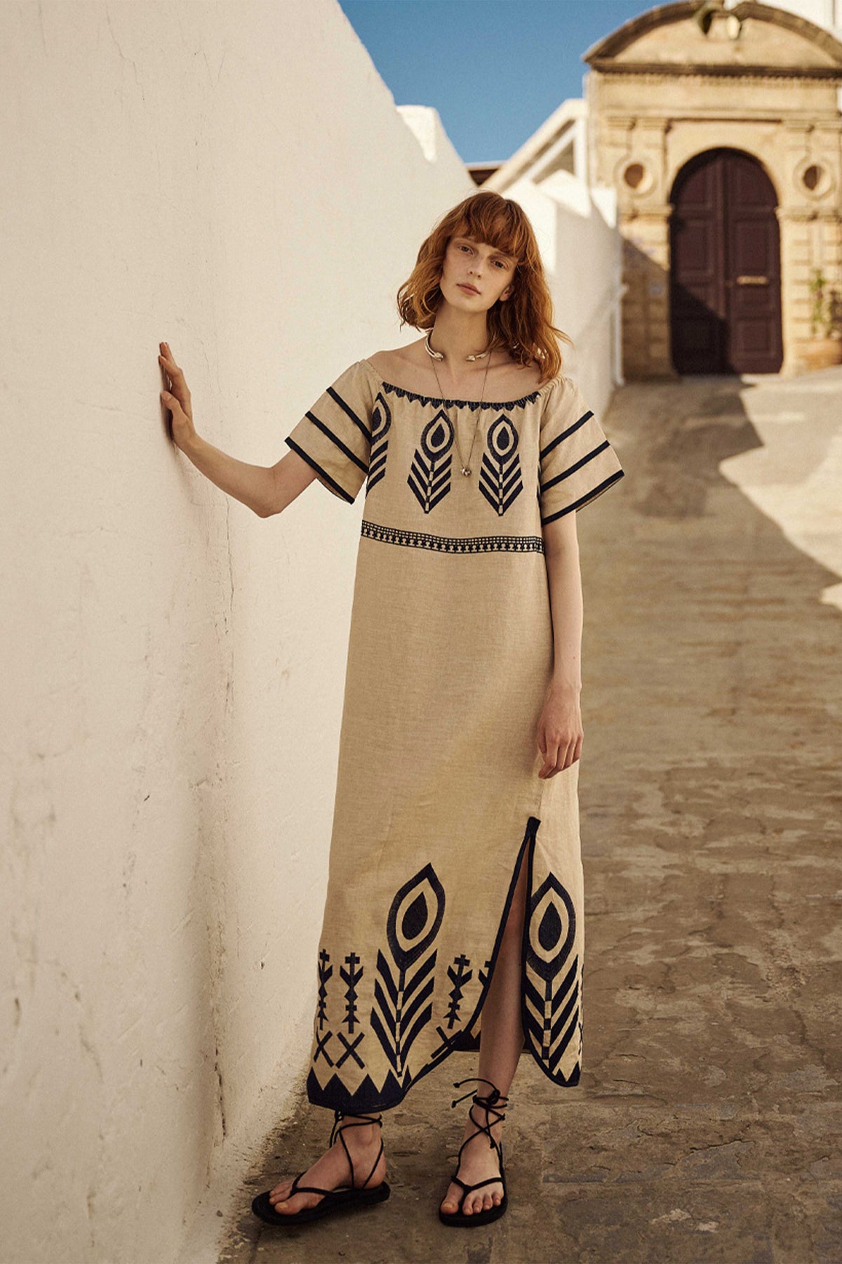 OFF SHOULDER LINEN DRESS "FEATHER" BEIGE/BLACK