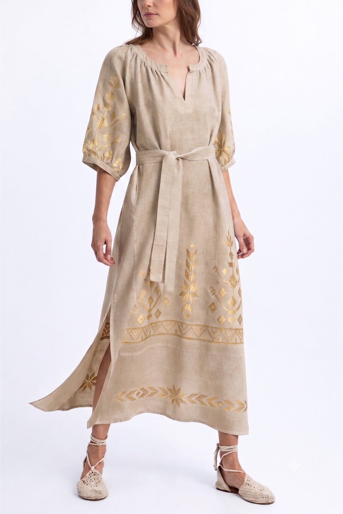 MIDI LINEN DRESS "IOS" BEIGE/GOLD