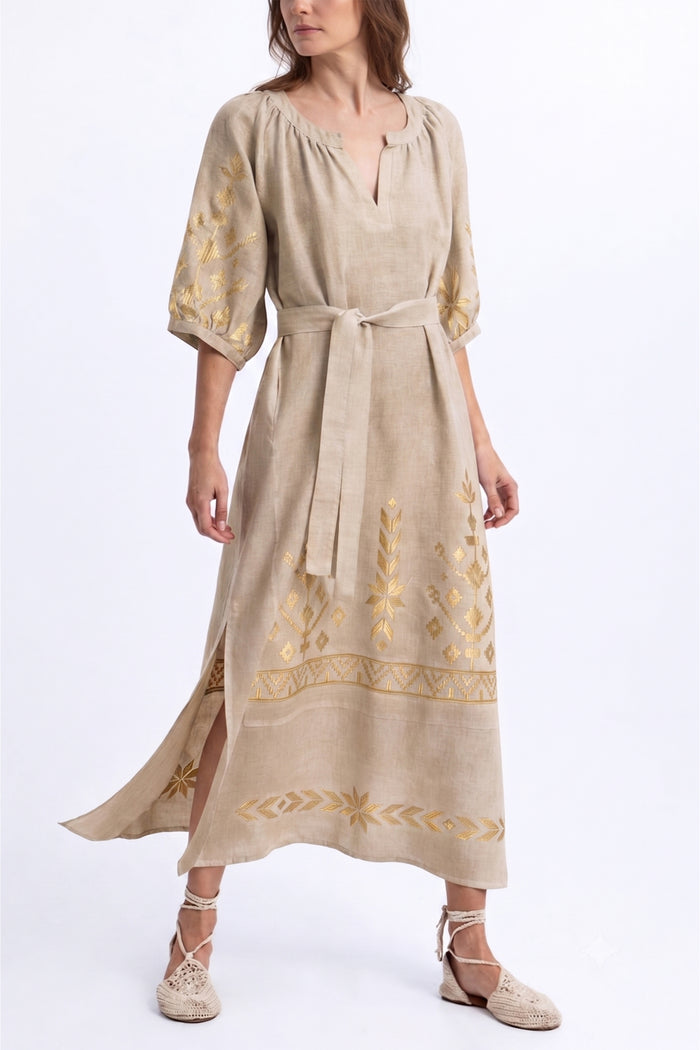 MIDI LINEN DRESS "IOS" BEIGE/GOLD