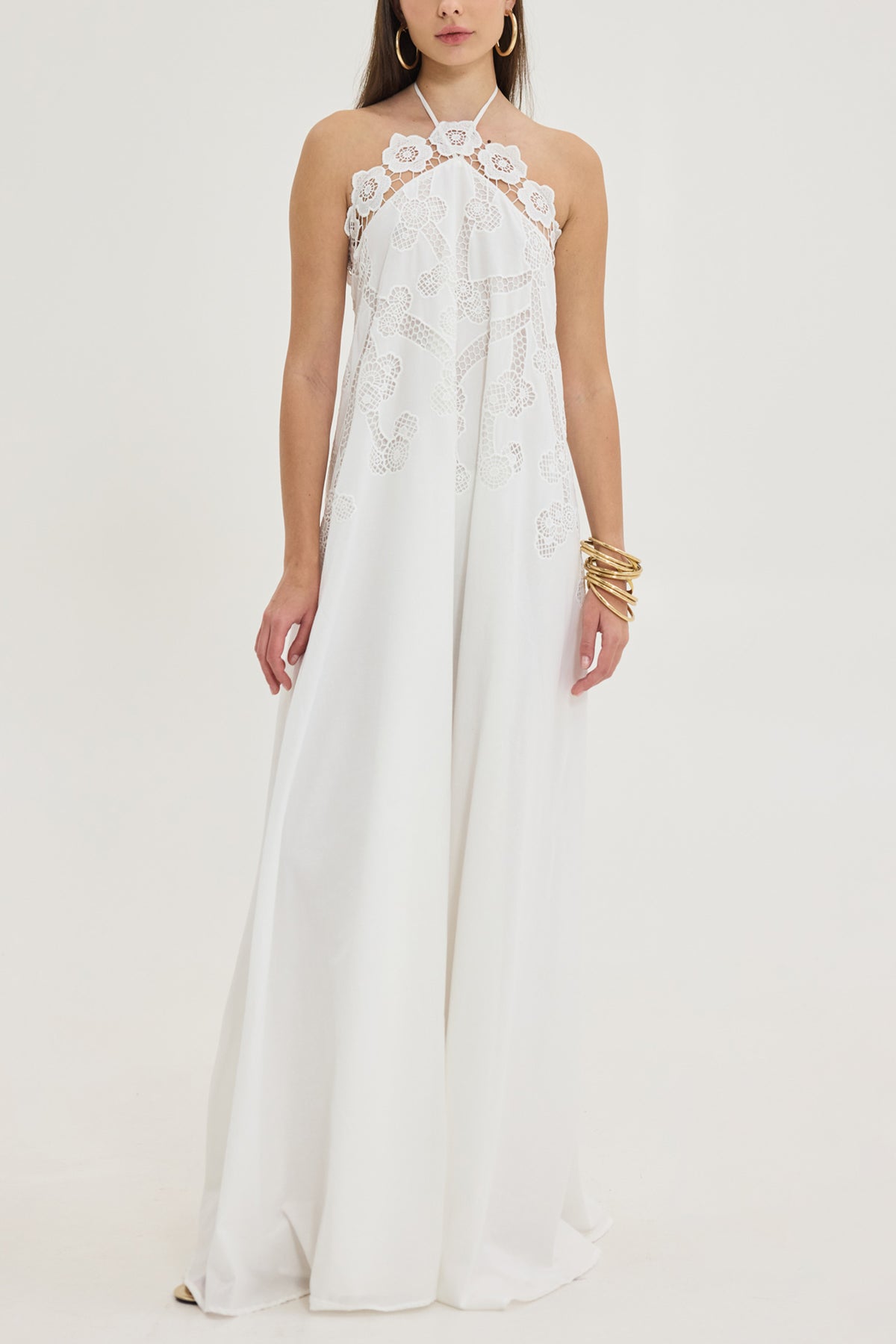LONG EMBELLISHED NECKHOLDER DRESS "BLOOM" WHITE