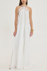 LONG EMBELLISHED NECKHOLDER DRESS "BLOOM" WHITE