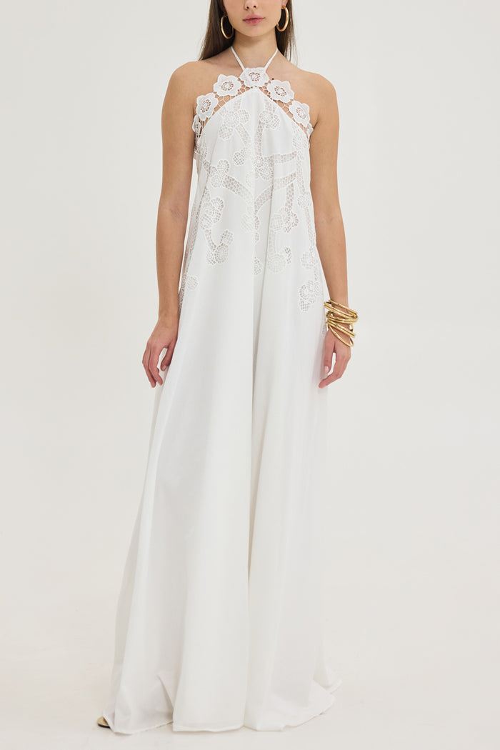 LONG EMBELLISHED NECKHOLDER DRESS "BLOOM" WHITE