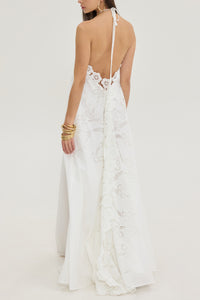 LONG EMBELLISHED NECKHOLDER DRESS "BLOOM" WHITE