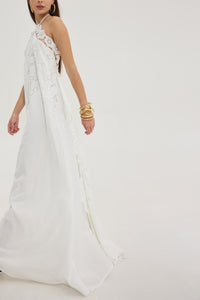 LONG EMBELLISHED NECKHOLDER DRESS "BLOOM" WHITE
