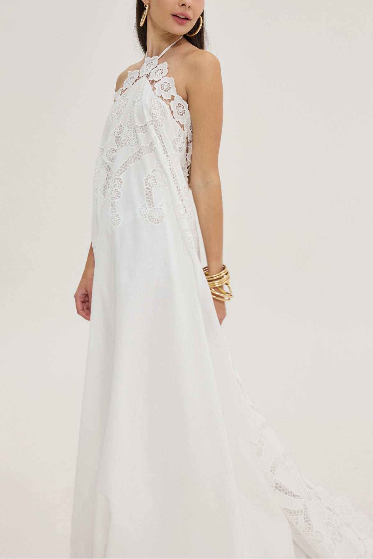LONG EMBELLISHED NECKHOLDER DRESS "BLOOM" WHITE