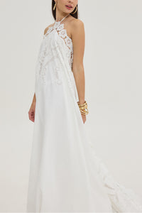 LONG EMBELLISHED NECKHOLDER DRESS "BLOOM" WHITE