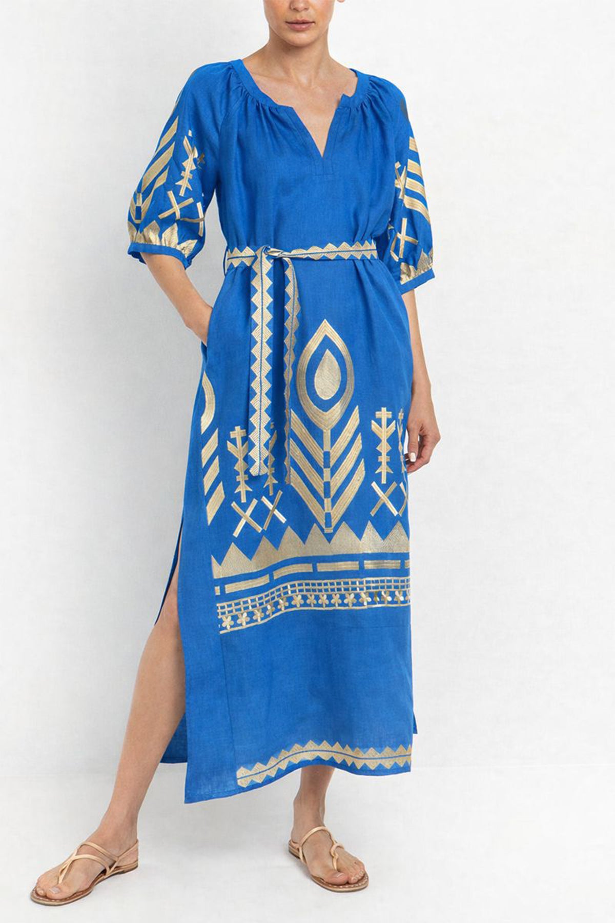 LONG LINEN KAFTAN DRESS "FEATHER" BLUE RAF/GOLD