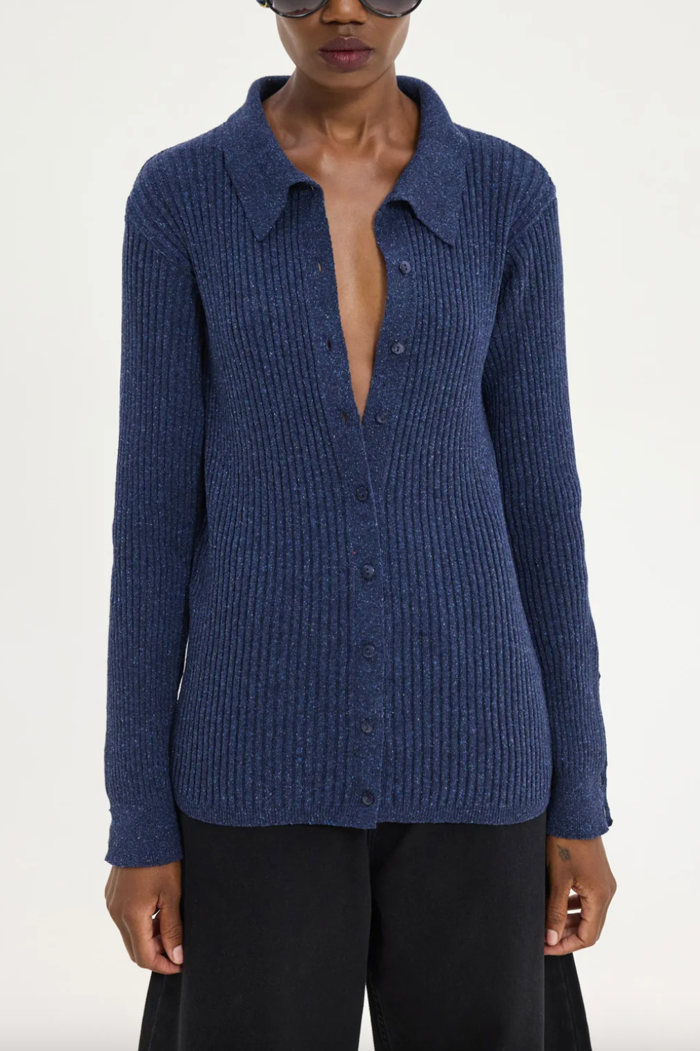 RIBBED WOOL POLO CARDIGAN BLUE