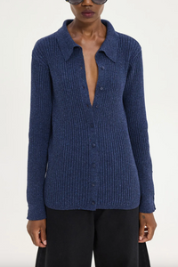 RIBBED WOOL POLO CARDIGAN BLUE