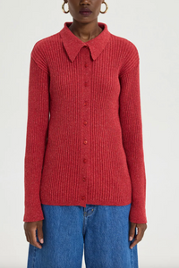 RIBBED WOOL POLO CARDIGAN RED