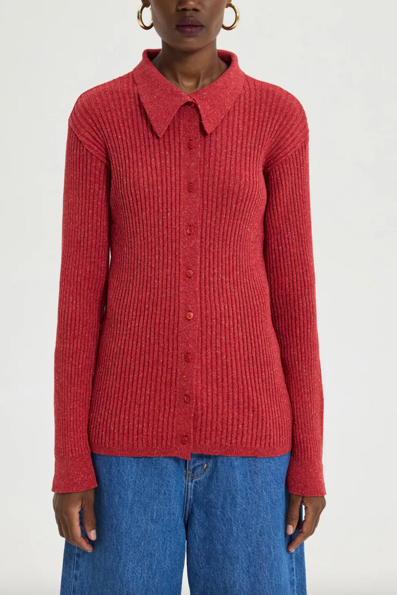 RIBBED WOOL POLO CARDIGAN RED