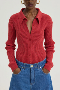 RIBBED WOOL POLO CARDIGAN RED