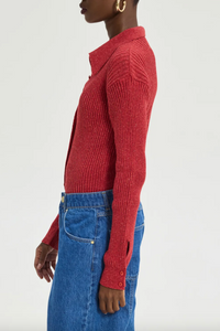 RIBBED WOOL POLO CARDIGAN RED