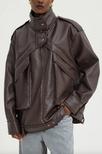 OVERSIZED FAUX LEATHER BIKER JACKET BROWN