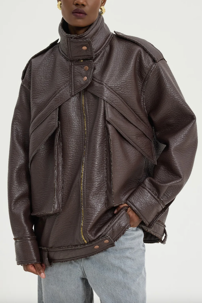 OVERSIZED FAUX LEATHER BIKER JACKET BROWN