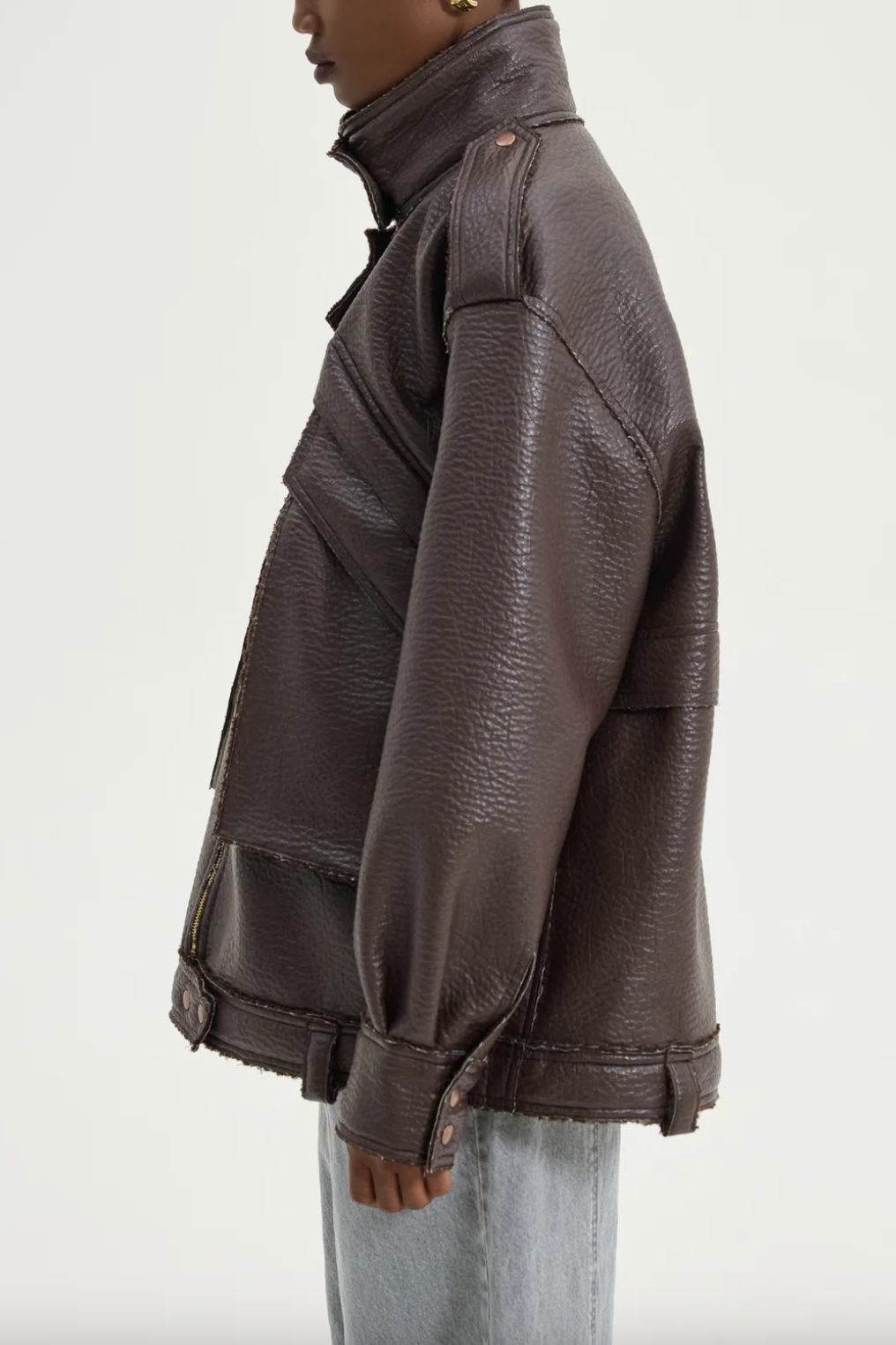 OVERSIZED FAUX LEATHER BIKER JACKET BROWN