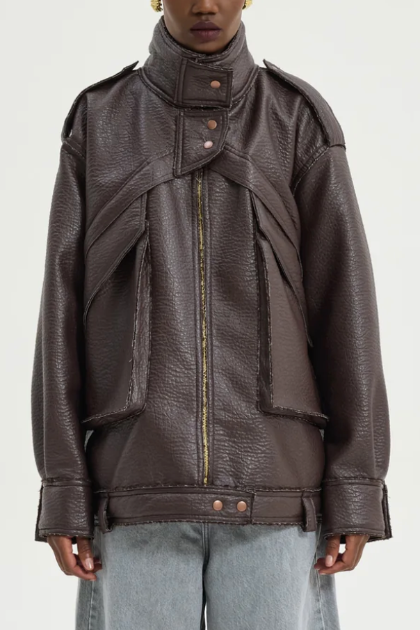 OVERSIZED FAUX LEATHER BIKER JACKET BROWN