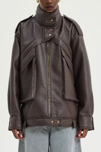 OVERSIZED FAUX LEATHER BIKER JACKET BROWN