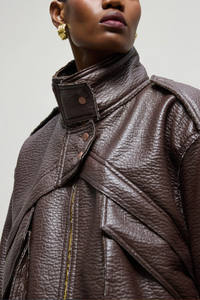 OVERSIZED FAUX LEATHER BIKER JACKET BROWN
