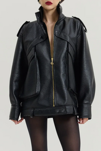 OVERSIZED FAUX LEATHER BIKER JACKET BLACK