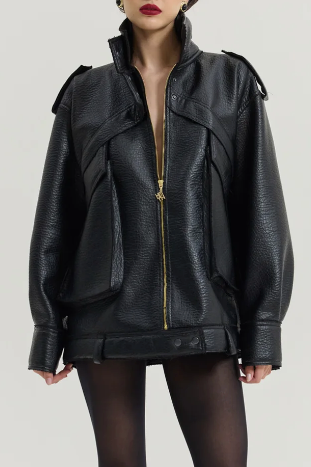OVERSIZED FAUX LEATHER BIKER JACKET BLACK