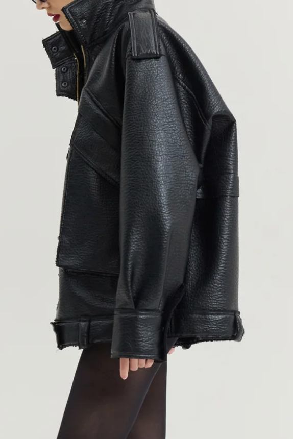 OVERSIZED FAUX LEATHER BIKER JACKET BLACK