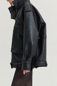 OVERSIZED FAUX LEATHER BIKER JACKET BLACK