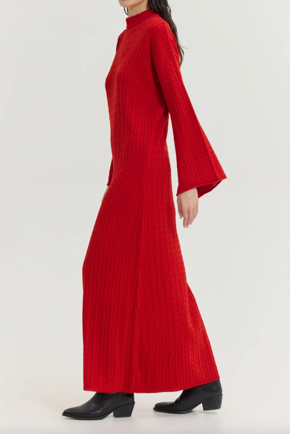LONG OVERSIZED CABLE KNIT DRESS RED