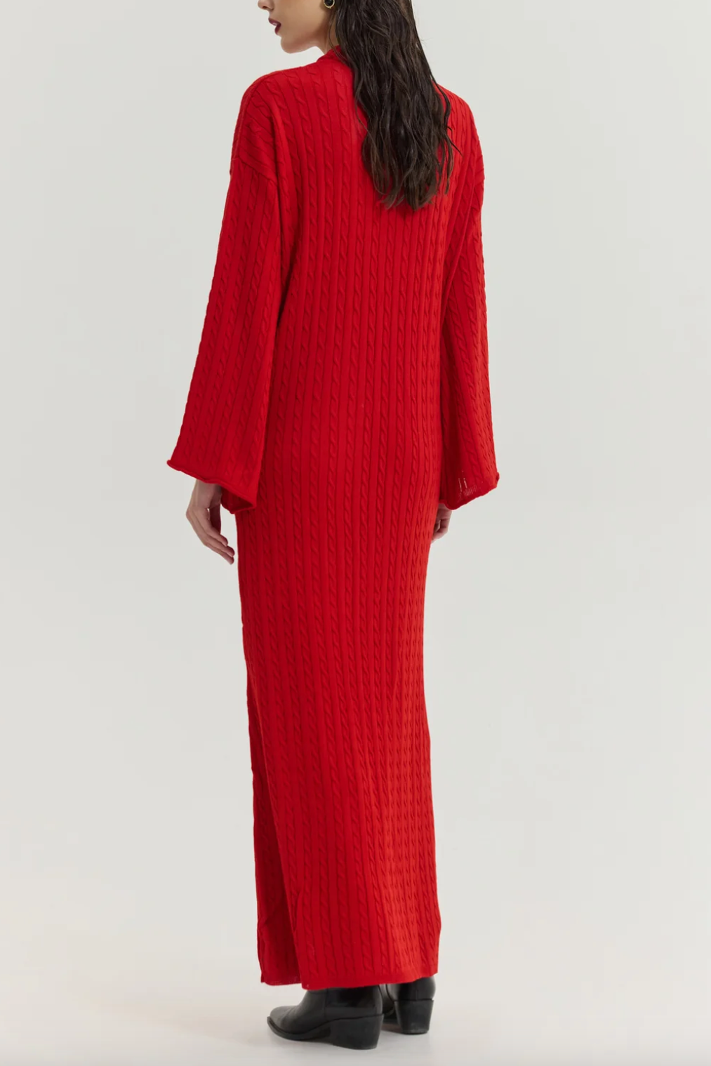 LONG OVERSIZED CABLE KNIT DRESS RED