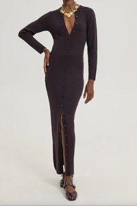 SLIM RIBBED KNIT DRESS DARK BROWN