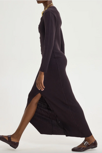 SLIM RIBBED KNIT DRESS DARK BROWN