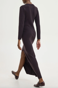 SLIM RIBBED KNIT DRESS DARK BROWN