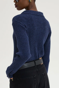 RIBBED WOOL POLO CARDIGAN BLUE