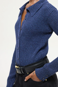 RIBBED WOOL POLO CARDIGAN BLUE