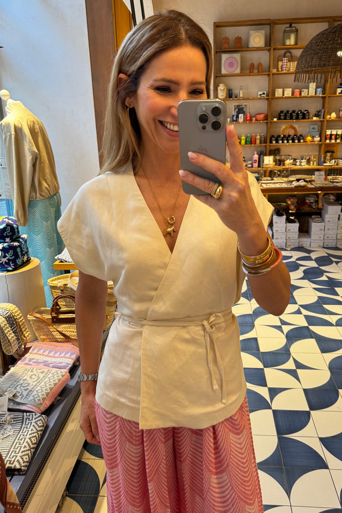 LINEN/VISCOSE WRAP BLOUSE NATURAL