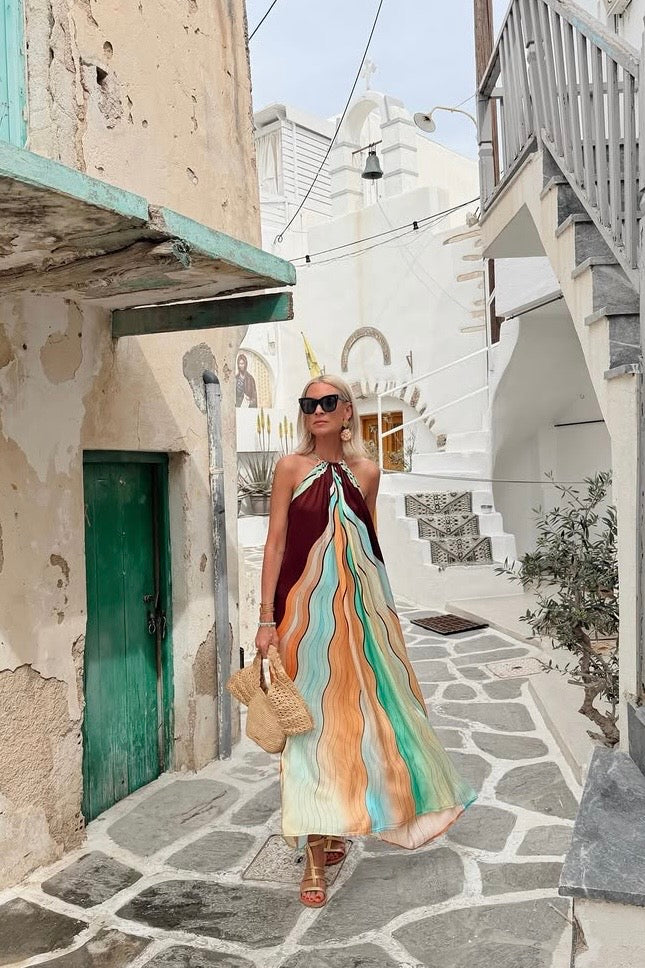 LONG SILKY HALTER NECK DRESS "JULIA" SUNSET