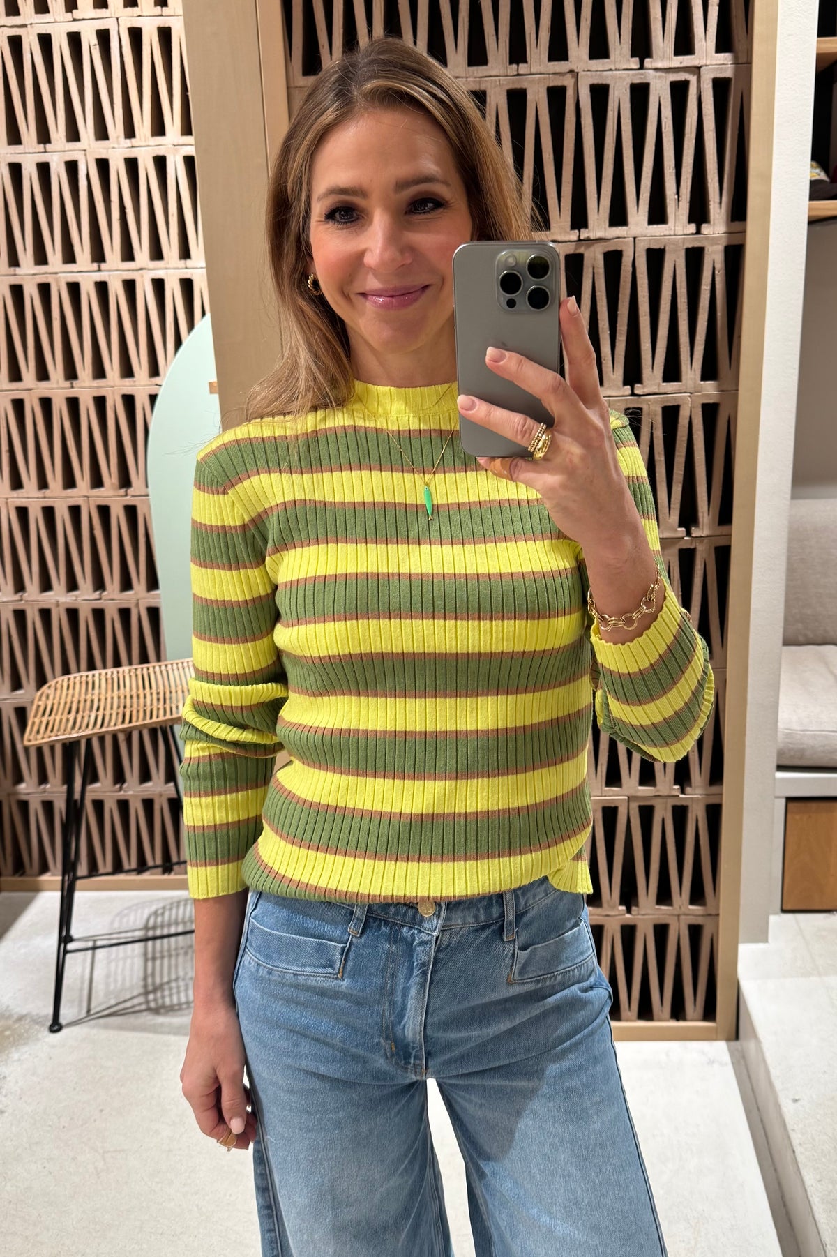 SLIM RIBBED PULLOVER "STRIPES" LIME/OLIVE