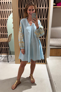 SHORT LINEN DRESS WITH BALLON SLEEVES "FEATHER" CIEL/GOLD