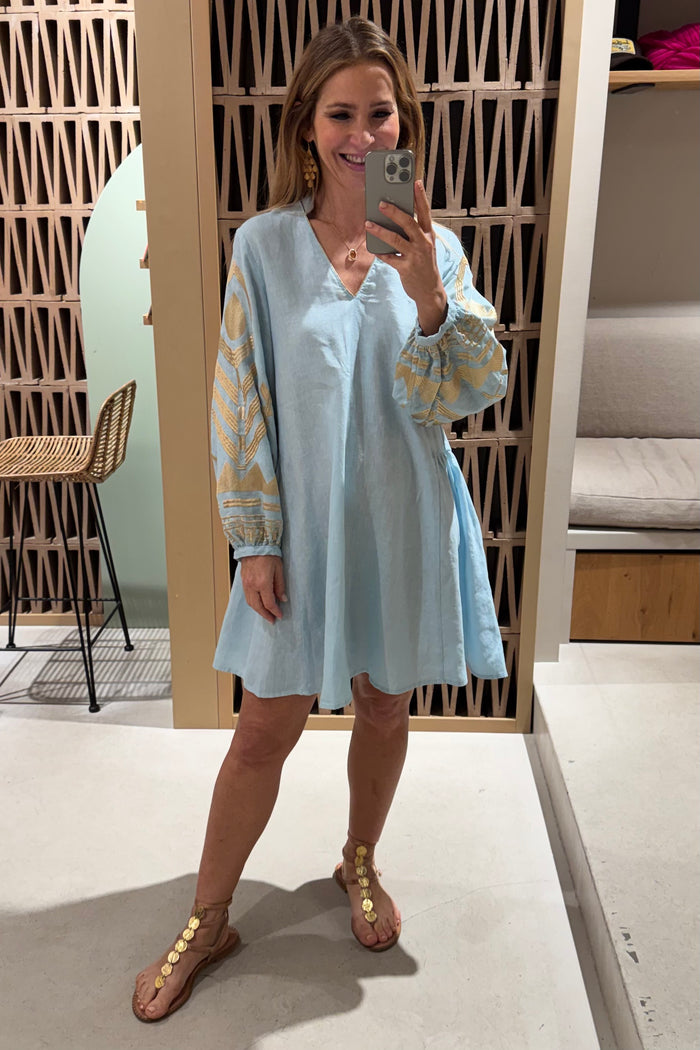 SHORT LINEN DRESS WITH BALLON SLEEVES "FEATHER" CIEL/GOLD