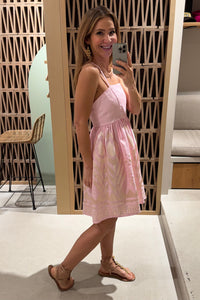 SHORT STRAPPY LINEN DRESS "FEATHER" PINK/CHAMPAGNE