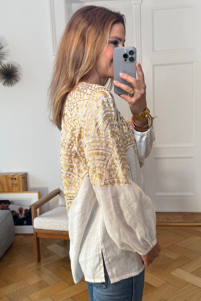 OVERSIZED LINEN/COTTON BLOUSE "TRIANGLE" WHITE/GOLD